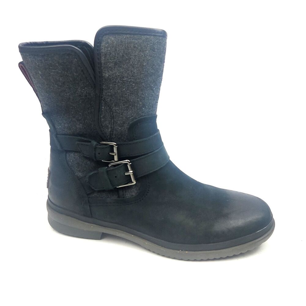 Ugg Simmens Black Leather Waterproof Boots Sz 9 Wool Lined Zip Up